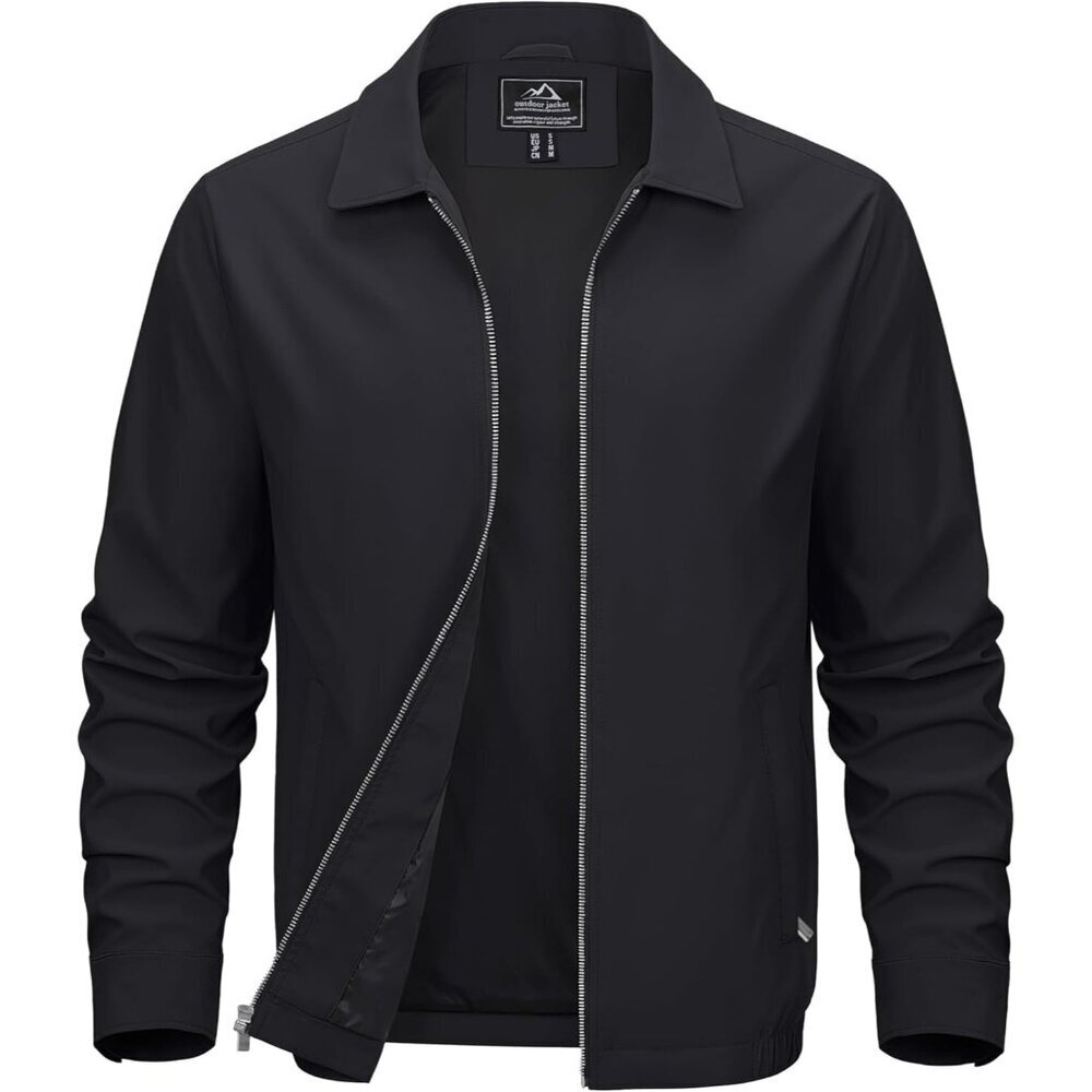 🆕 Men Black Lightweight Jacket Full Zip Golf Collar Windbreaker Casual Spring